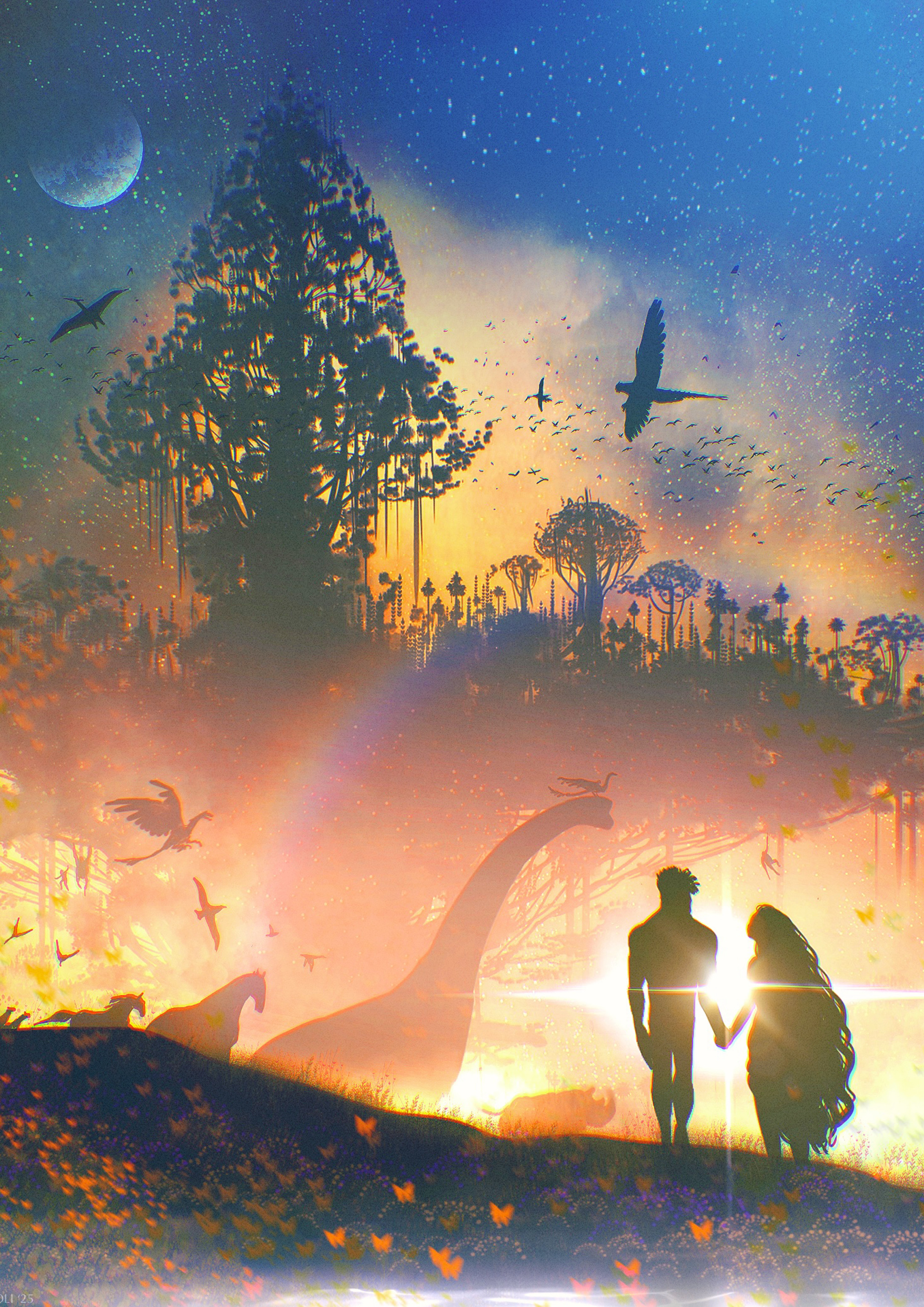 Adam and Eve overlooking Eden at sunset